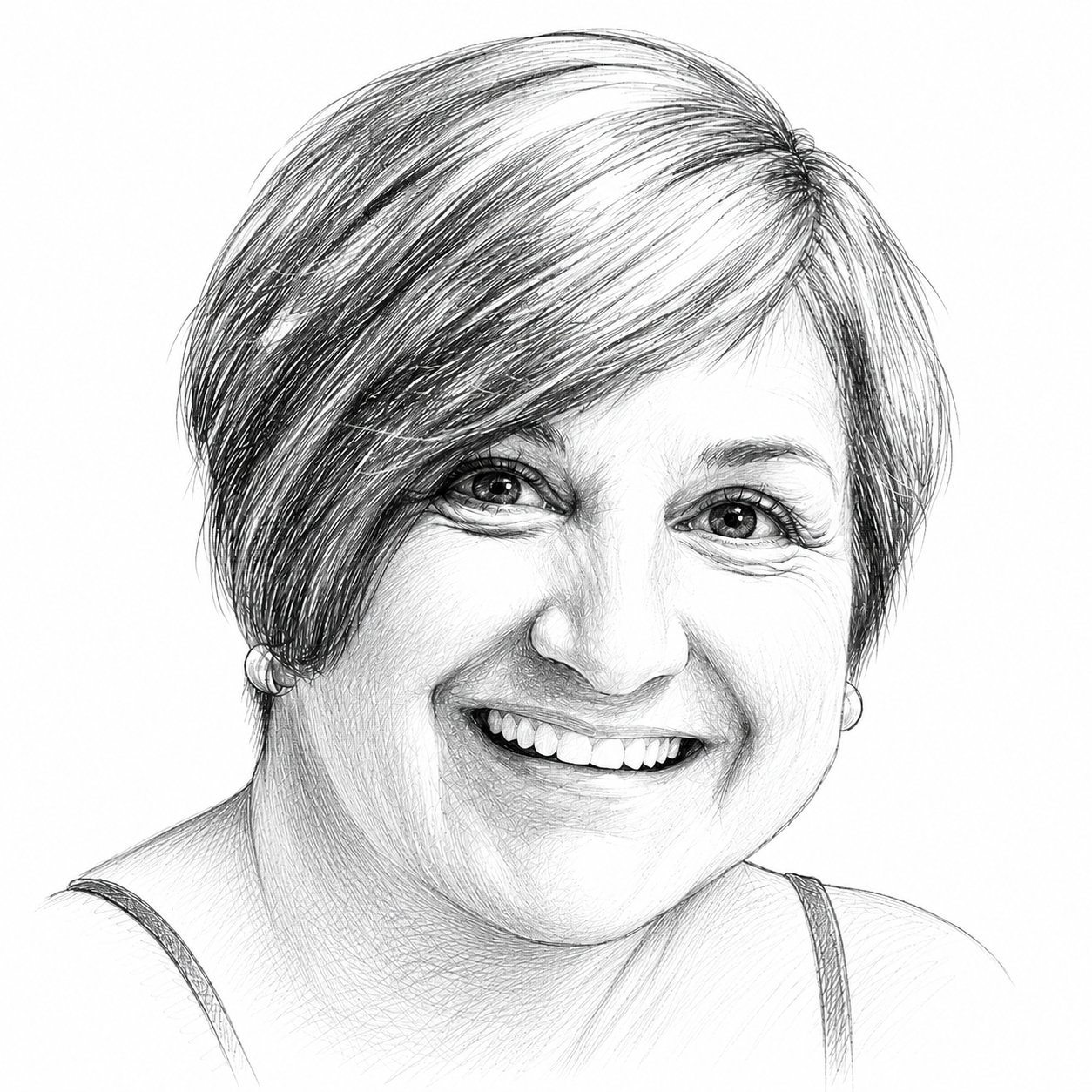 Pencil sketch portrait of Andi Madderra, smiling warmly.